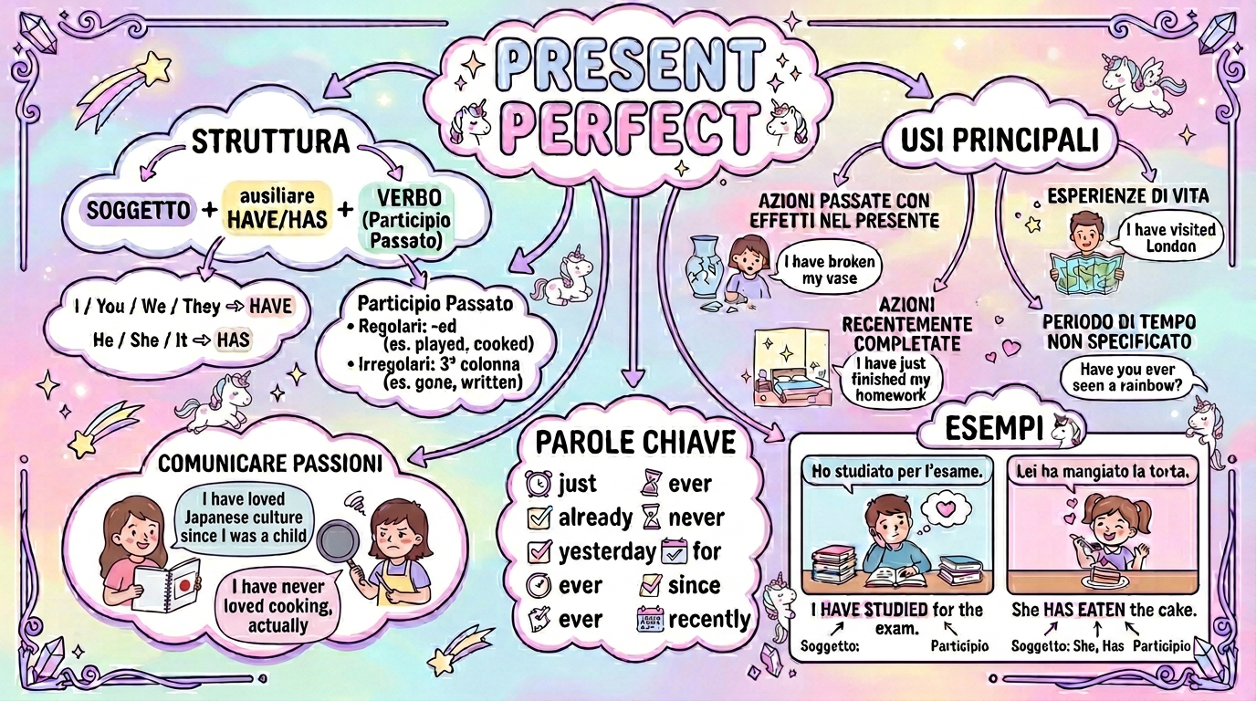 Poster didattico sul present perfect con unicorni